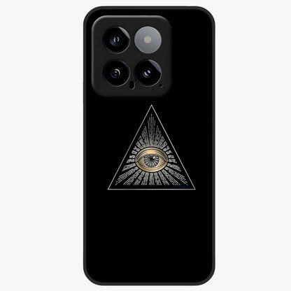 Illuminati Evil Glass Case showing flat back view with mysterious illuminati symbol artwork and glossy glass finish.
