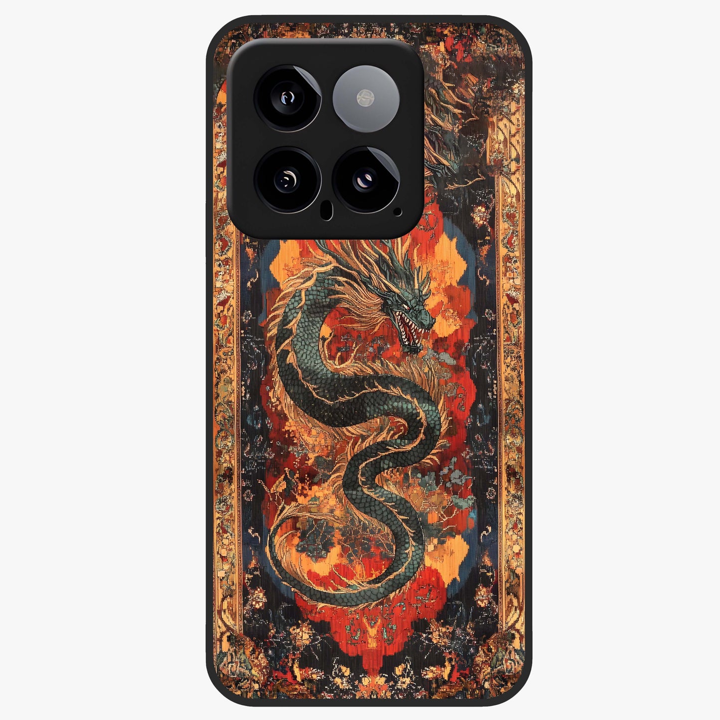 Inferno Dragon Soul Glass Case showing flat back view with fiery dragon artwork and glossy glass finish.