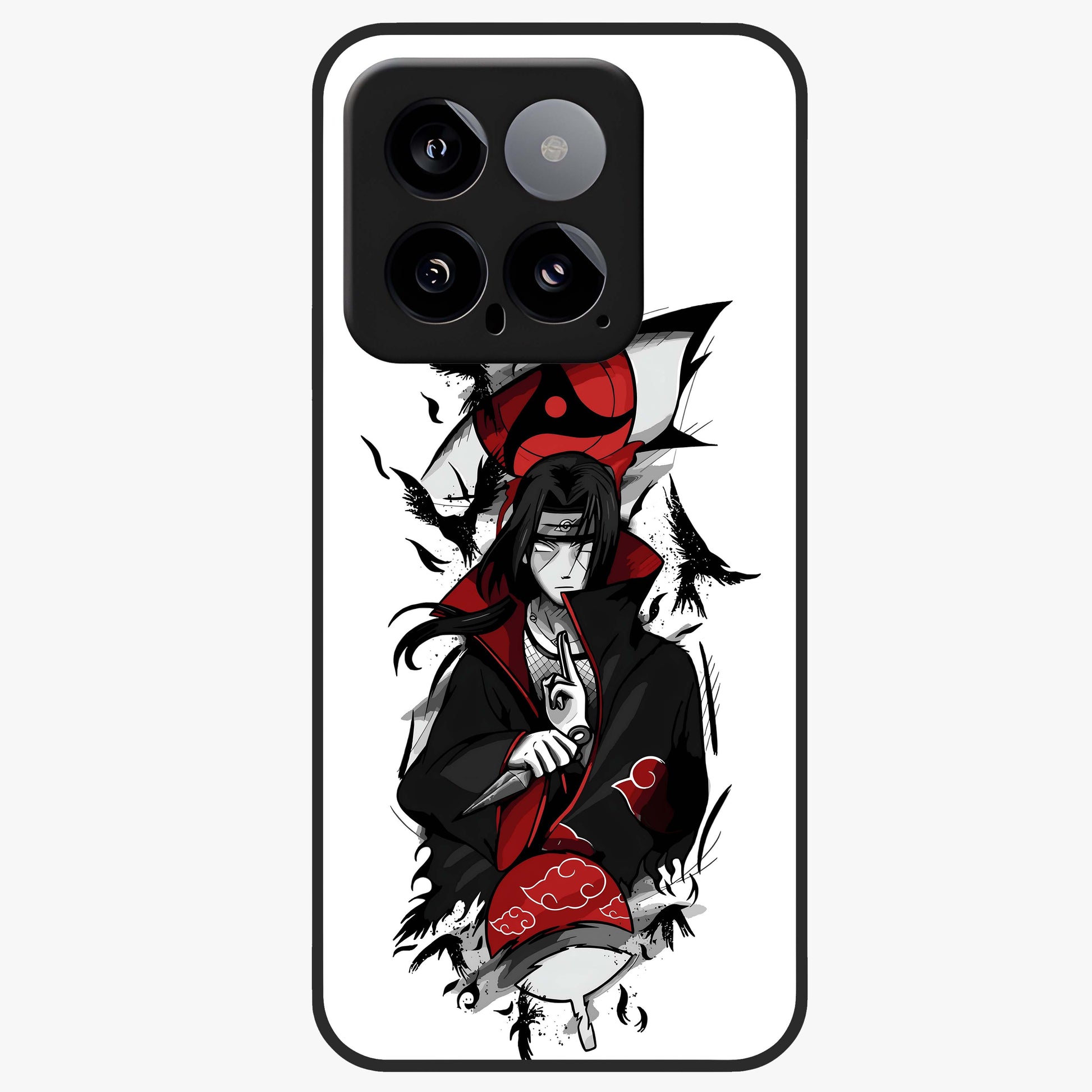 Itachi Sharingan Glass Case showing flat back view with powerful anime eye artwork and glossy glass finish.