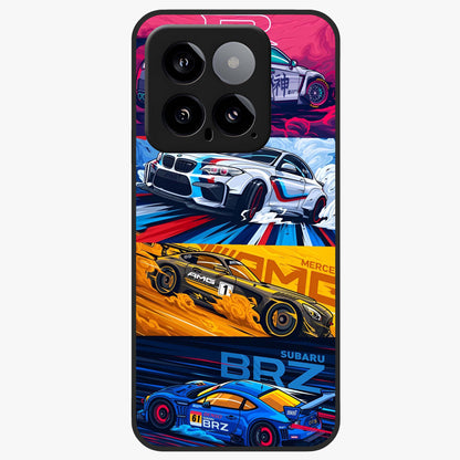 JDM Sports Car Glass Case showing flat back view with high performance sports car artwork and glossy glass finish.