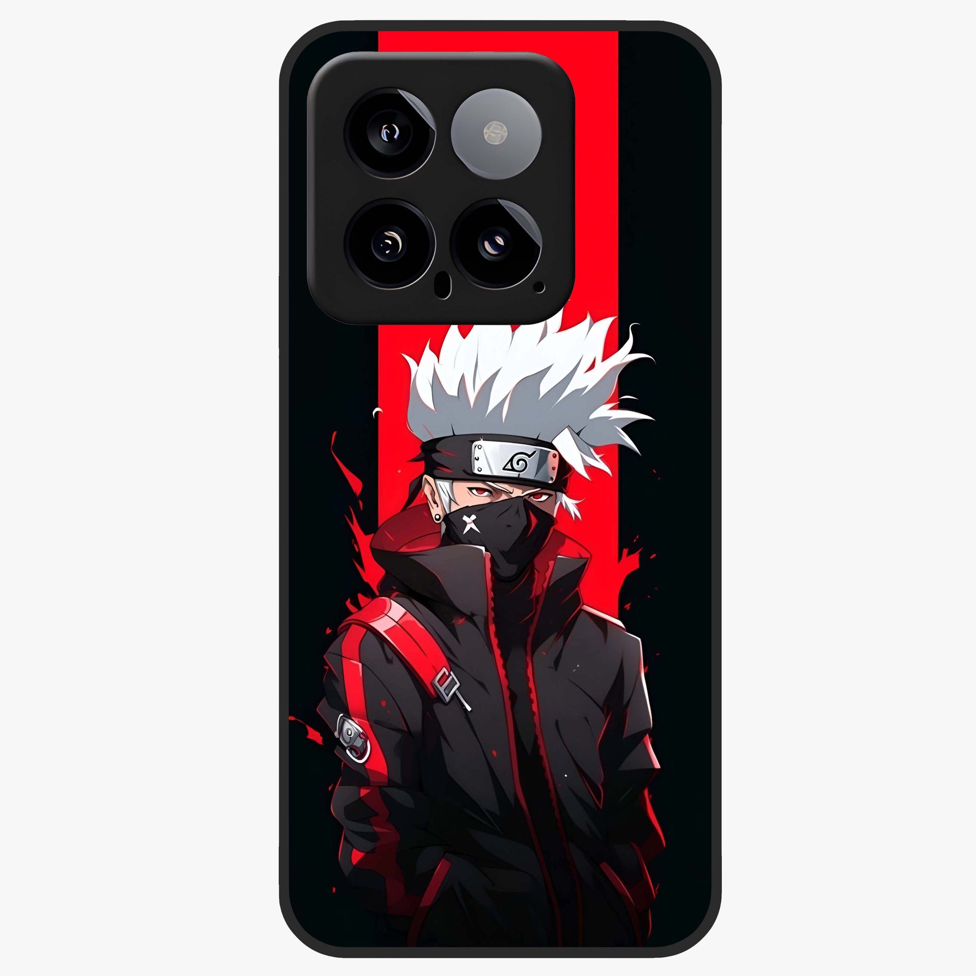 Kakashi Scarlet Shadow Glass Case showing flat back view with powerful anime ninja artwork and glossy glass finish.