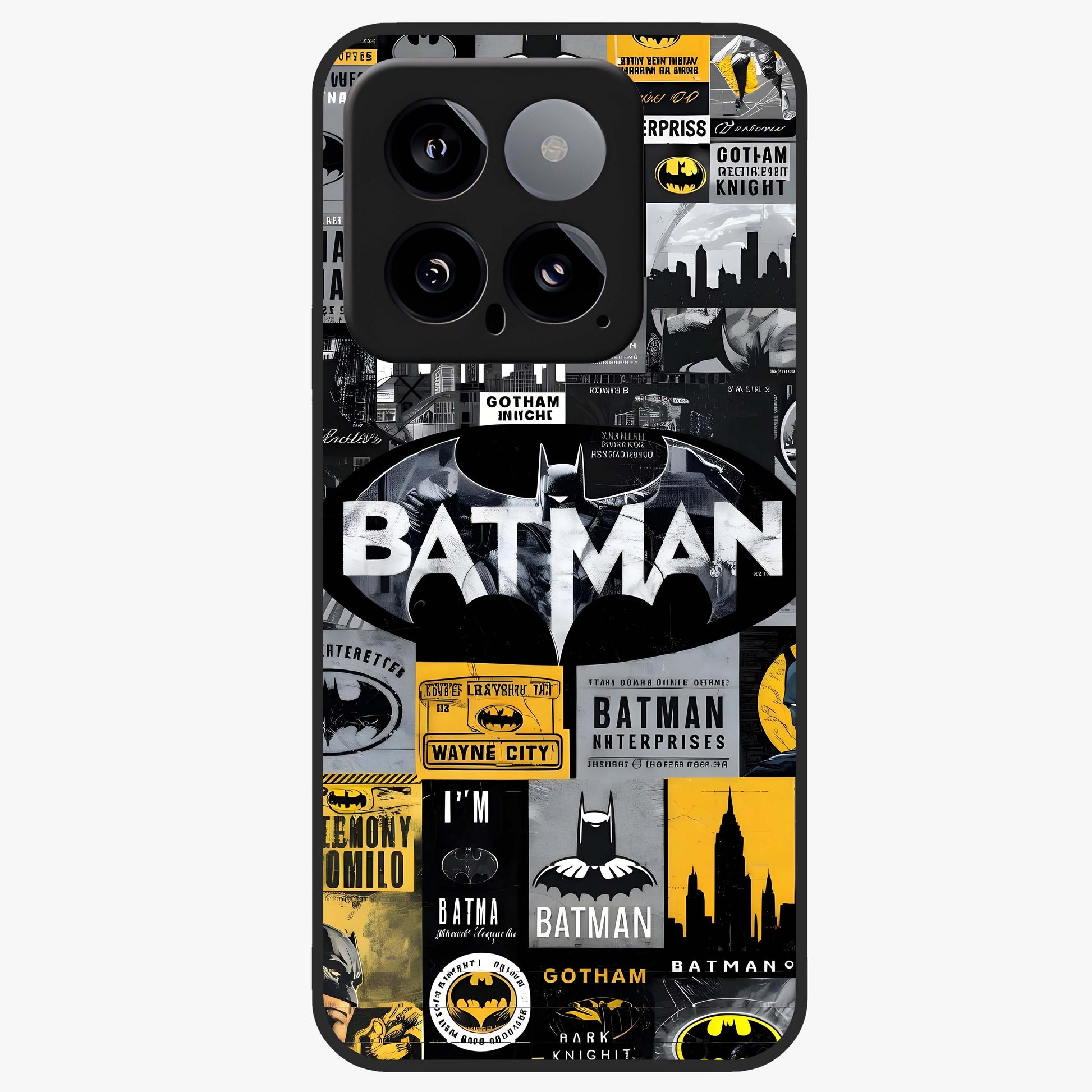 Knight Gotham Rise Glass Case showing flat back view with dark hero inspired artwork and glossy glass finish.