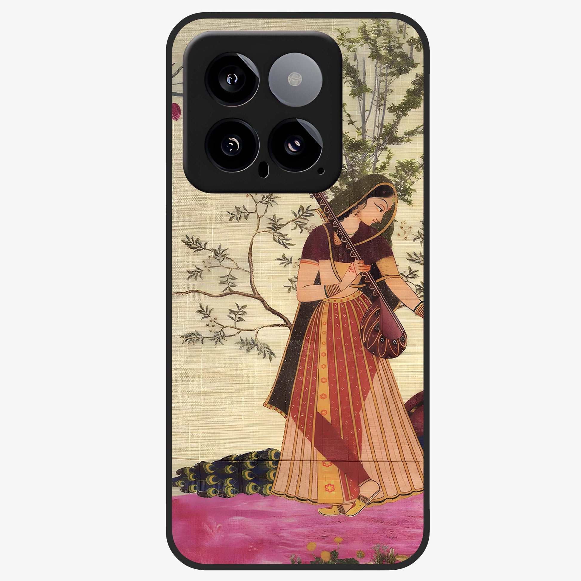 Lady With Veena Art Glass Case showing flat back view with elegant woman playing veena artwork and glossy glass finish.