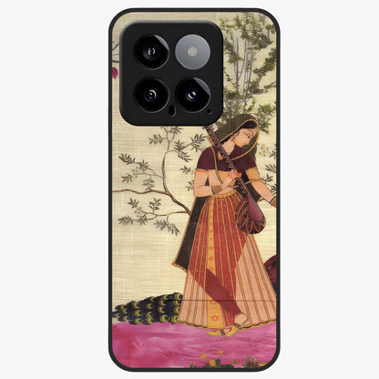 Lady With Veena Art Glass Case showing flat back view with elegant woman playing veena artwork and glossy glass finish.