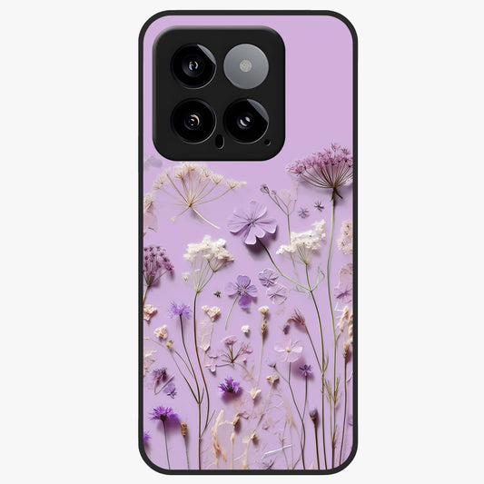 Lavender Blossom Dream Glass Case showing flat back view with soft lavender floral artwork and glossy glass finish.