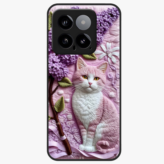 Lavender Cat Whimsy Glass Case showing flat back view with cute lavender cat artwork and glossy glass finish.