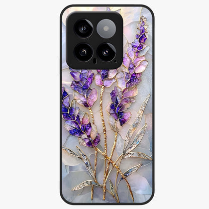 Lavender Dream Glow Glass Case showing flat back view with glowing lavender aesthetic artwork and glossy glass finish.