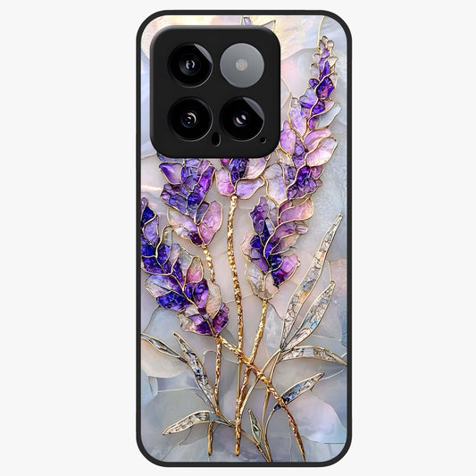 Lavender Dream Glow Glass Case showing flat back view with glowing lavender aesthetic artwork and glossy glass finish.