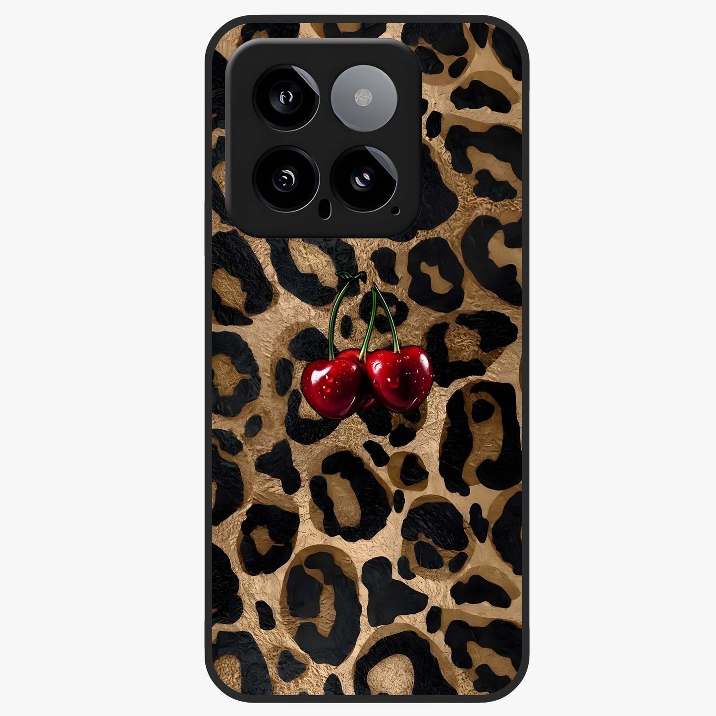 Leopard Wild Cherry Glass Case showing flat back view with leopard pattern and cherry artwork and glossy glass finish.