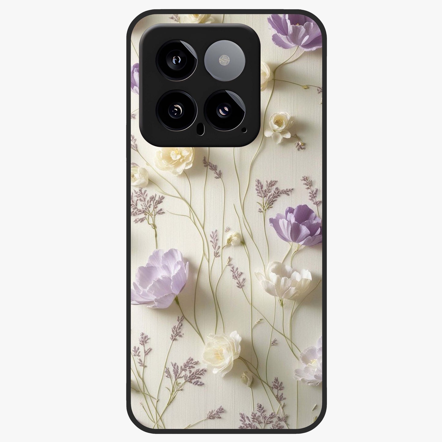 Lilac Breeze Harmony Glass Case showing flat back view with soft lilac themed artwork and glossy glass finish.