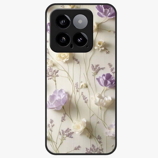 Lilac Breeze Harmony Glass Case showing flat back view with soft lilac themed artwork and glossy glass finish.