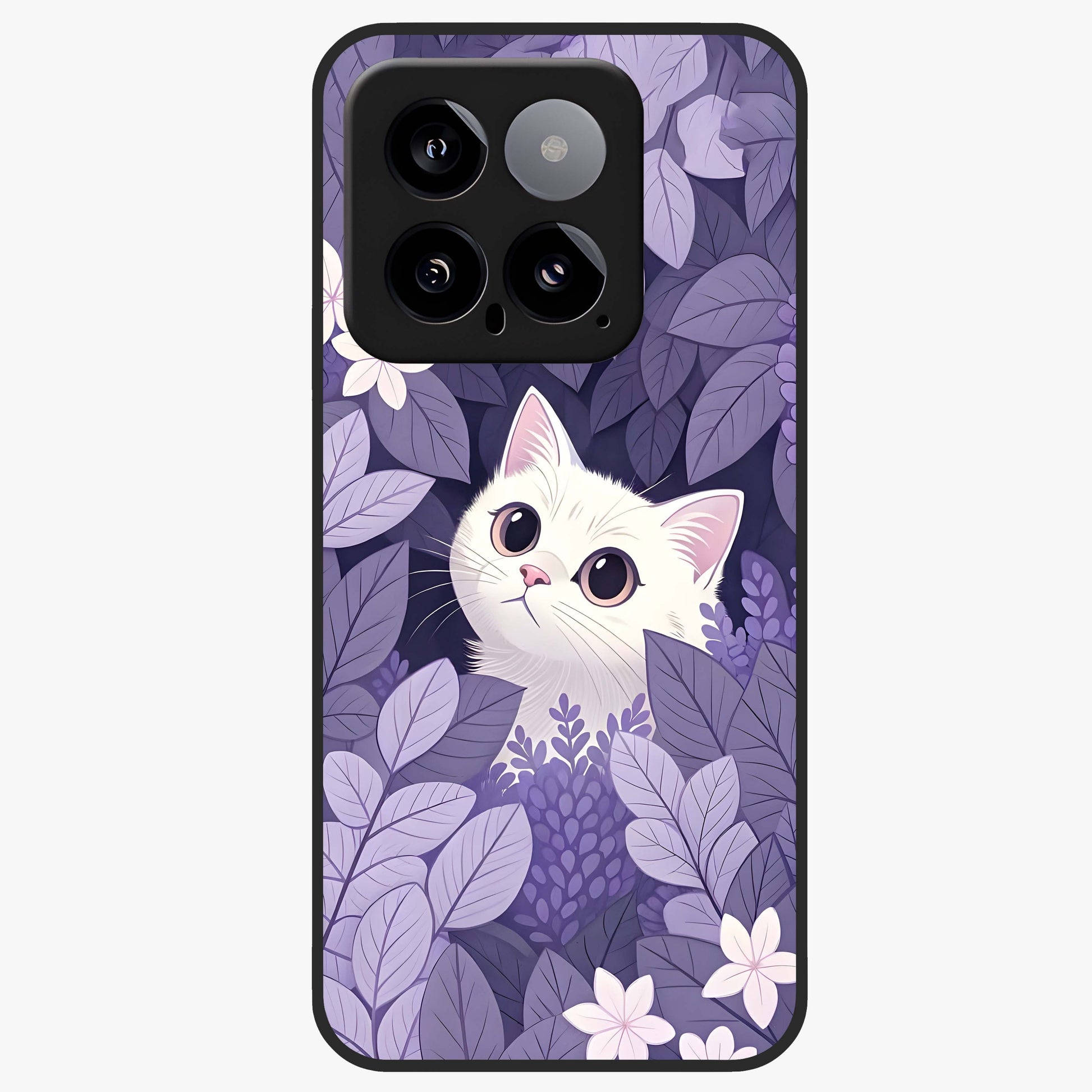 Lilac Hide Peek Cat Glass Case showing flat back view with cute peeking cat artwork and glossy glass finish.