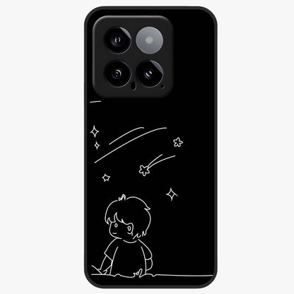 Line Art Boy With Shooting Stars Glass Case showing flat back view with minimal line art boy and shooting stars illustration and glossy glass finish.