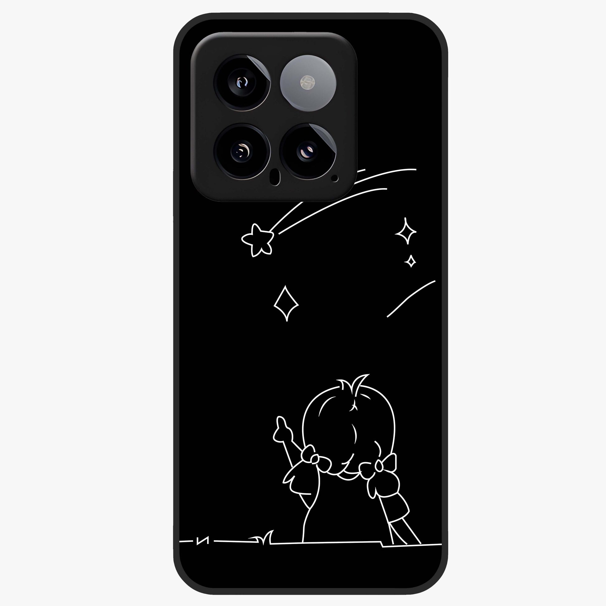 Line Art Girl With Shooting Stars Glass Case showing flat back view with minimal line art girl and shooting stars illustration and glossy glass finish.