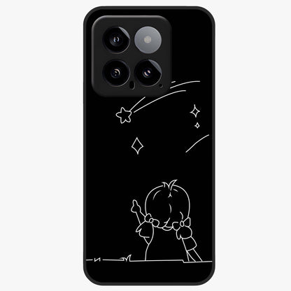 Line Art Girl With Shooting Stars Glass Case showing flat back view with minimal line art girl and shooting stars illustration and glossy glass finish.