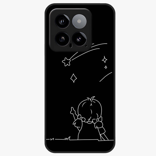 Line Art Girl With Shooting Stars Glass Case showing flat back view with minimal line art girl and shooting stars illustration and glossy glass finish.