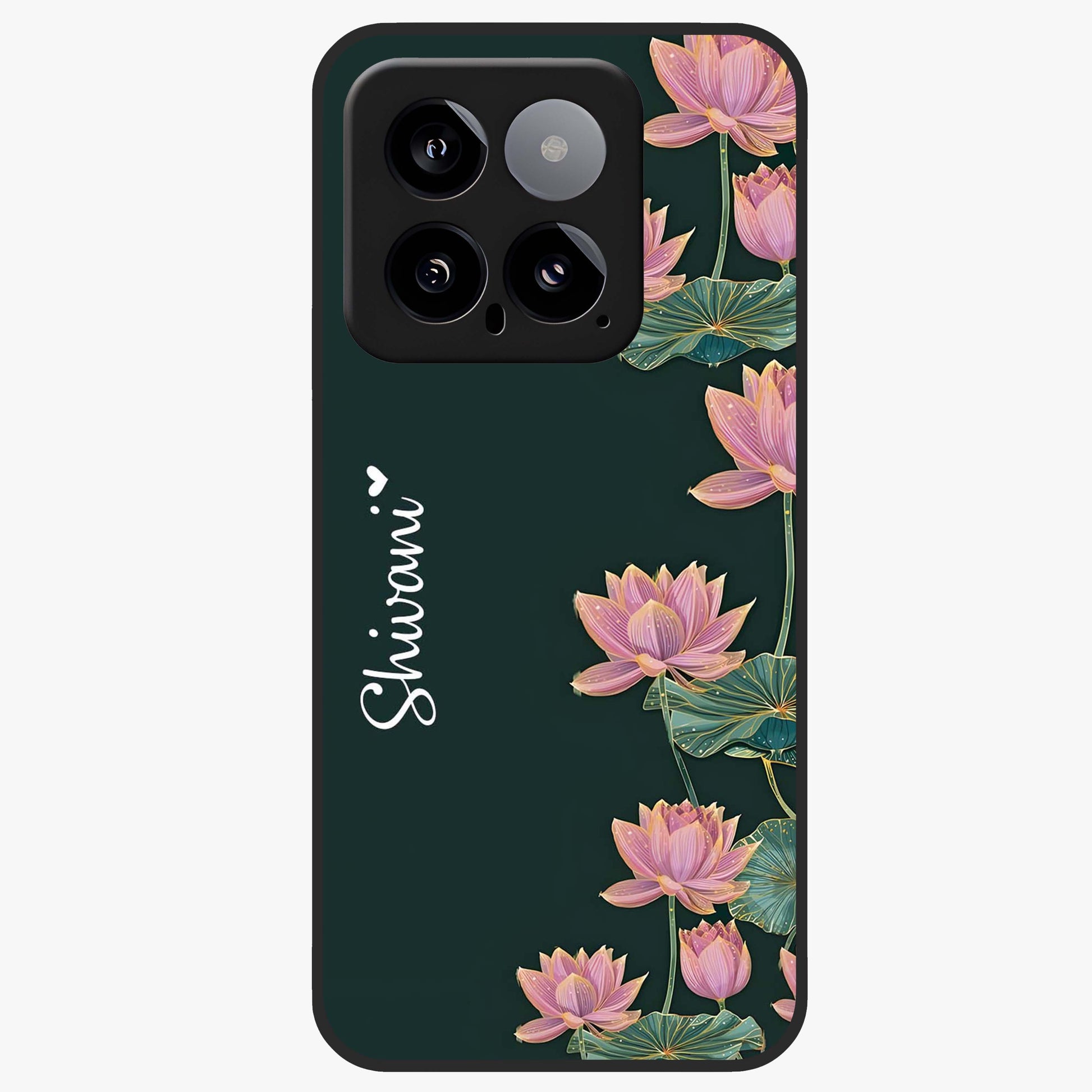 Lotus Bloom Serenity Custom Name Glass Case showing flat back view with elegant lotus flower artwork and personalized name design.