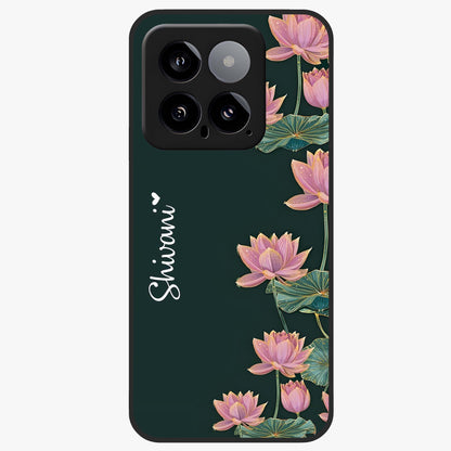 Lotus Bloom Serenity Custom Name Glass Case showing flat back view with elegant lotus flower artwork and personalized name design.