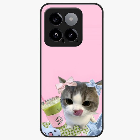 Love Matcha Cat Glass Case showing flat back view with cute cat and matcha themed artwork and glossy glass finish.