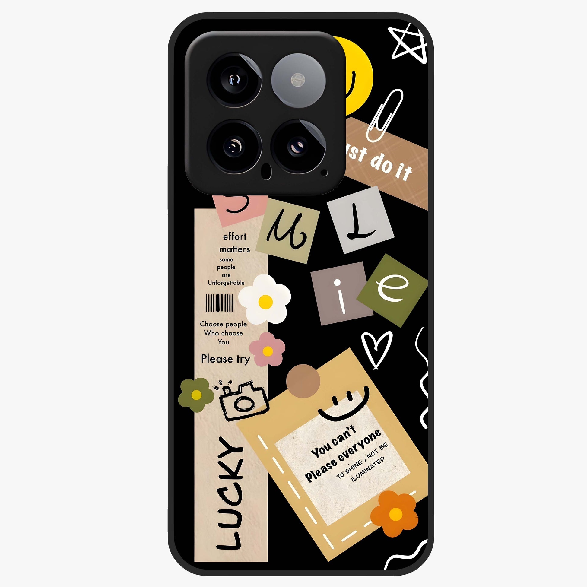 Lucky Aesthetic Collage Glass Case showing flat back view with trendy aesthetic collage artwork and glossy glass finish.