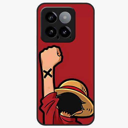 Luffy X Spirit Glass Case showing flat back view with bold anime character artwork and glossy glass finish.