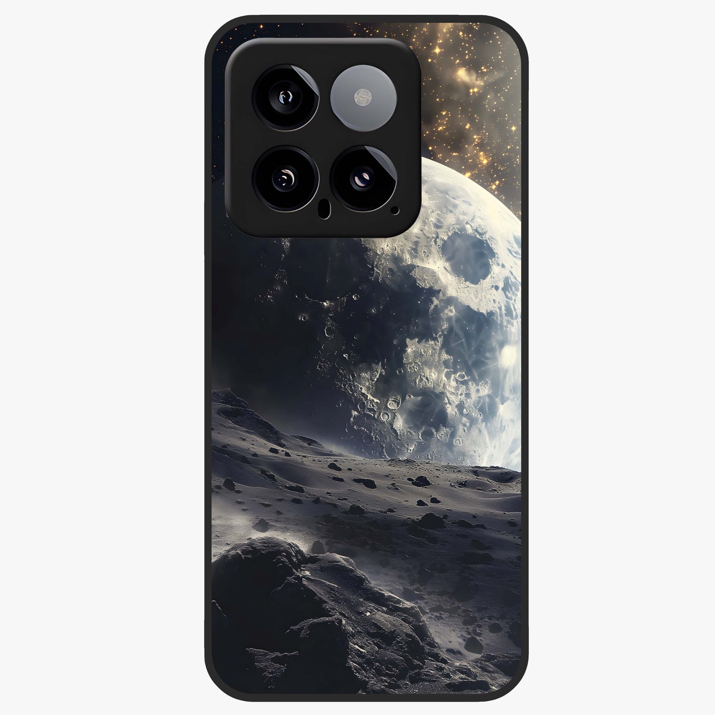 Lunar Horizon Glow Glass Case showing flat back view with glowing moon horizon artwork and glossy glass finish.