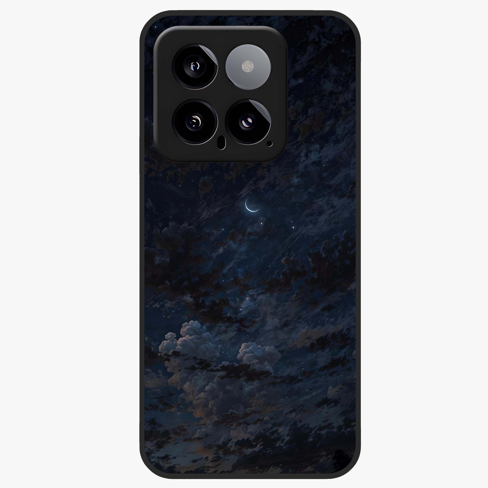 Lunar Veil Silence Glass Case showing flat back view with mystical moon veil artwork and glossy glass finish.