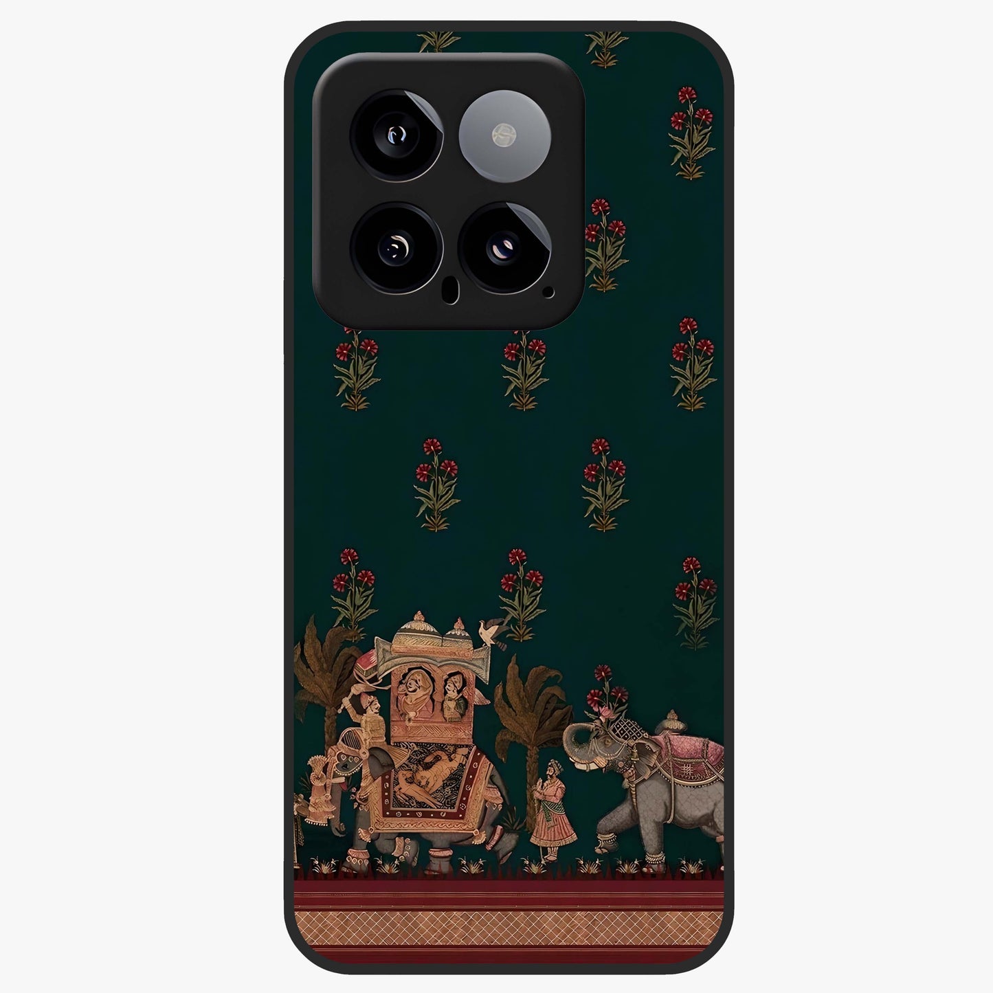 Macmerise Glass Case showing flat back view with stylish modern artwork and glossy glass finish.