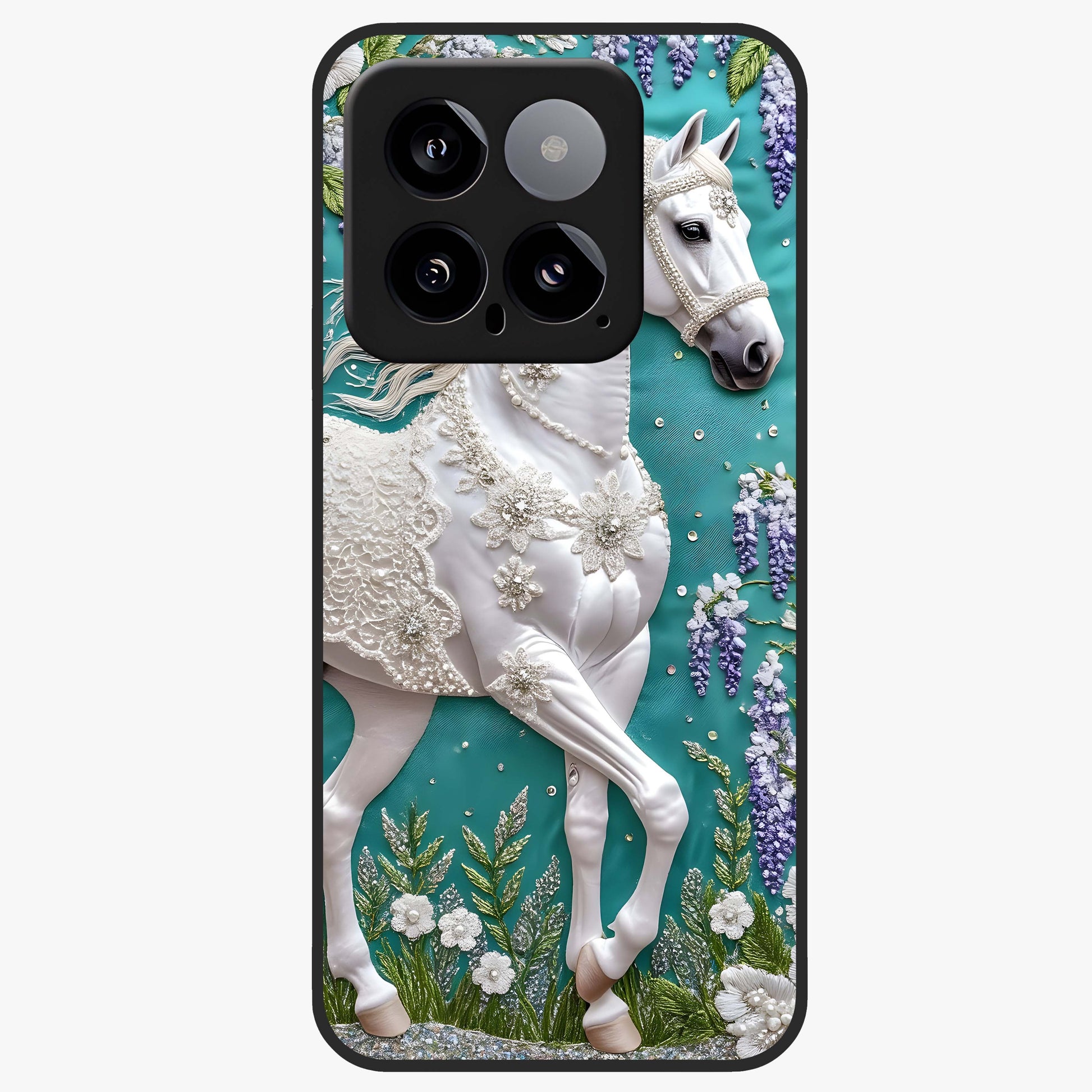Majestic Floral Stallion Glass Case showing flat back view with powerful horse and floral artwork and glossy glass finish.