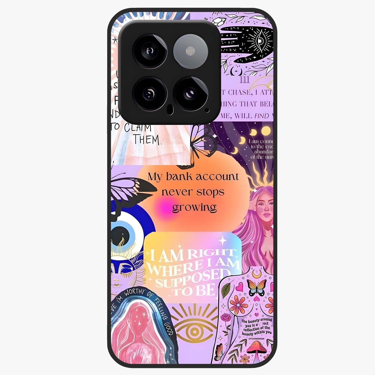 Manifestation Collage Glass Case showing flat back view with motivational collage artwork and glossy glass finish.