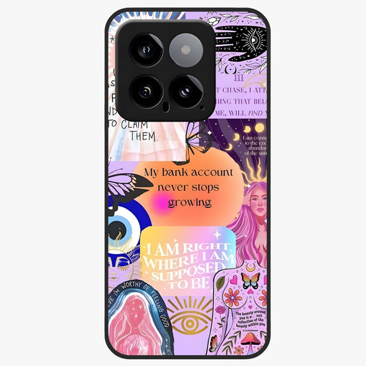 Manifestation Collage Glass Case showing flat back view with motivational collage artwork and glossy glass finish.