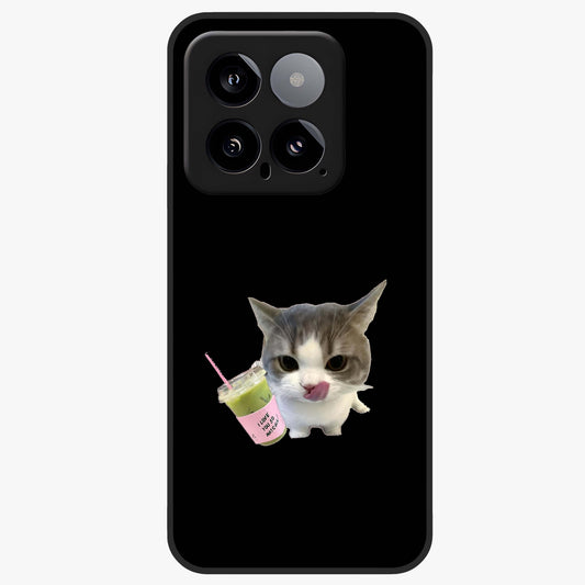 Matcha Cat Style Glass Case showing flat back view with cute matcha themed cat artwork and glossy glass finish.