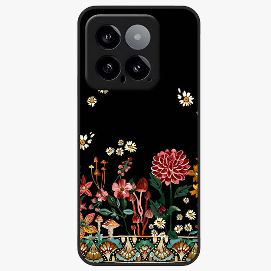 Midnight Bloom Pattern Glass Case showing flat back view with dark floral pattern artwork and glossy glass finish.