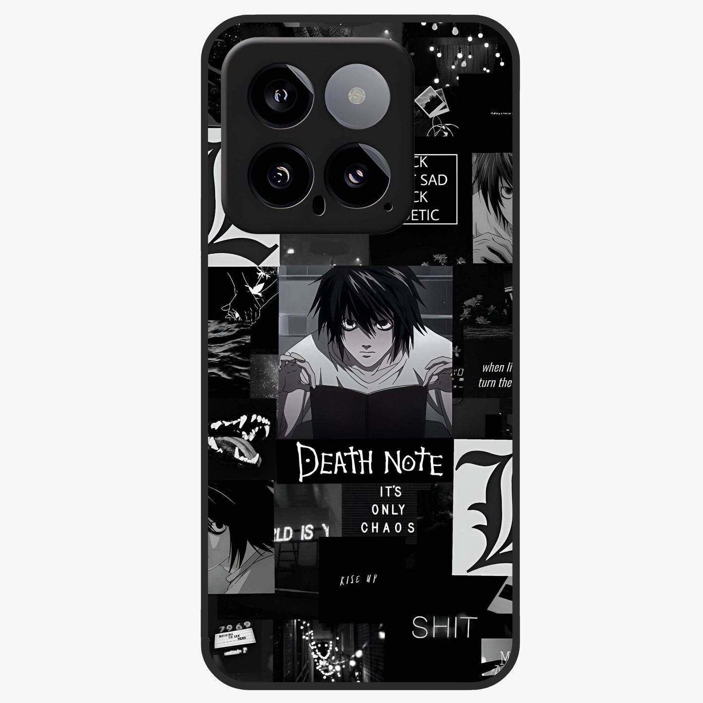 Midnight Chaos Mind Glass Case showing flat back view with abstract dark themed artwork and glossy glass finish.