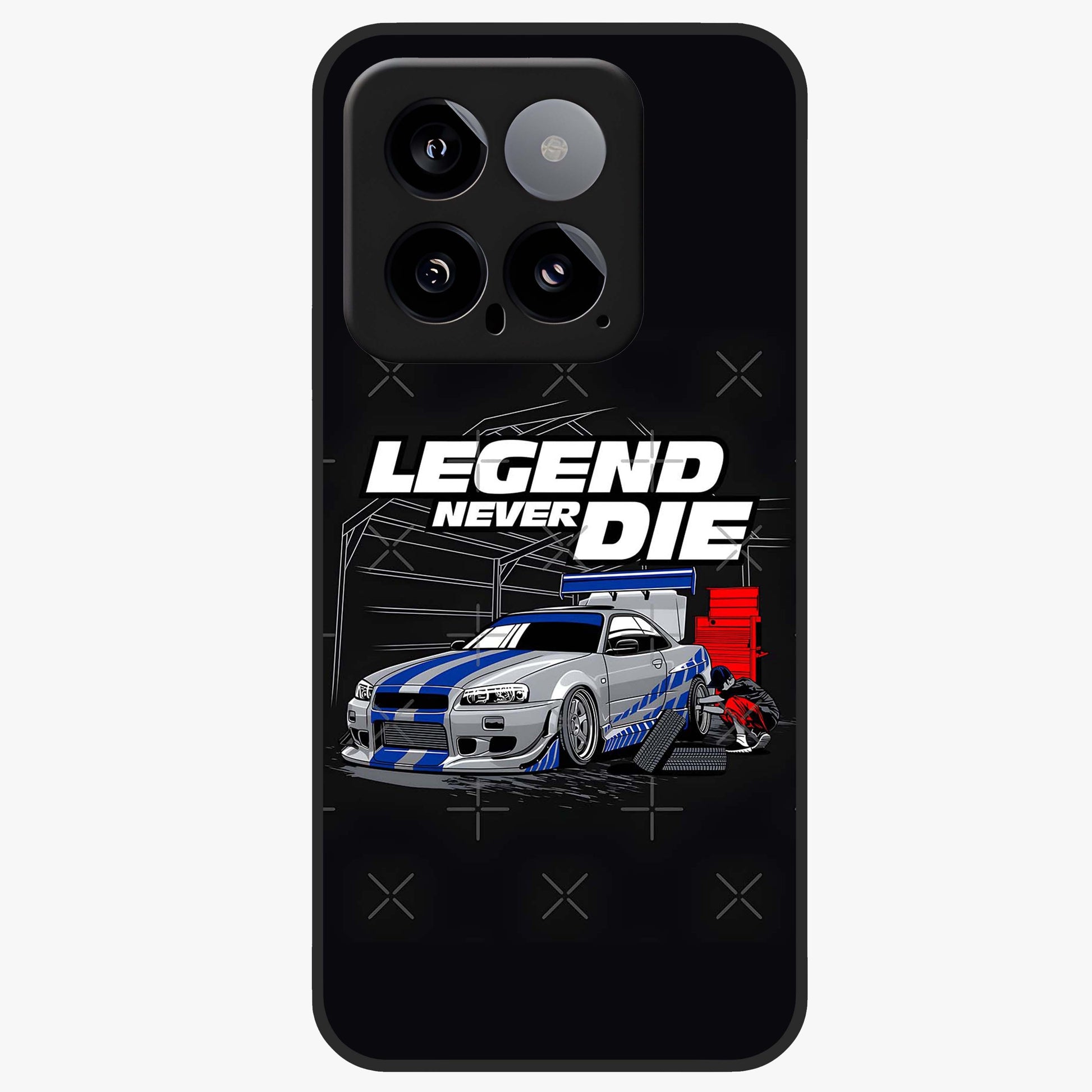 Midnight Racing Legacy Glass Case showing flat back view with sleek racing inspired artwork and glossy glass finish.