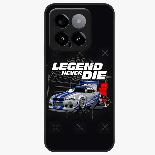 Midnight Racing Legacy Glass Case showing flat back view with sleek racing inspired artwork and glossy glass finish.