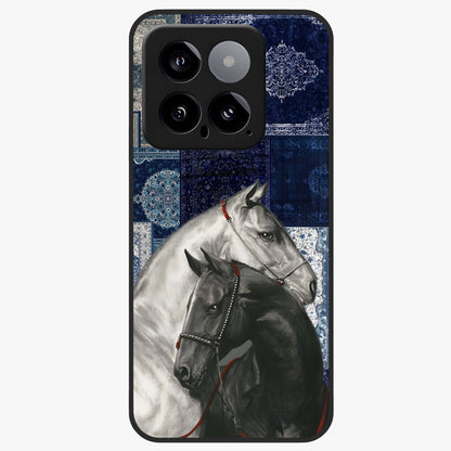 Midnight Stallion Blues Glass Case showing flat back view with majestic horse artwork and glossy glass finish.