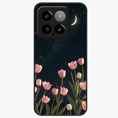 Midnight Tulip Whispers Vibe Glass Case showing flat back view with elegant tulip flower artwork and glossy glass finish.