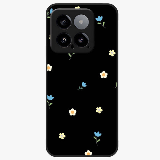 Minimalistic Blue With White Flower Pattern Glass Case showing flat back view with blue background and white flower pattern and glossy glass finish.
