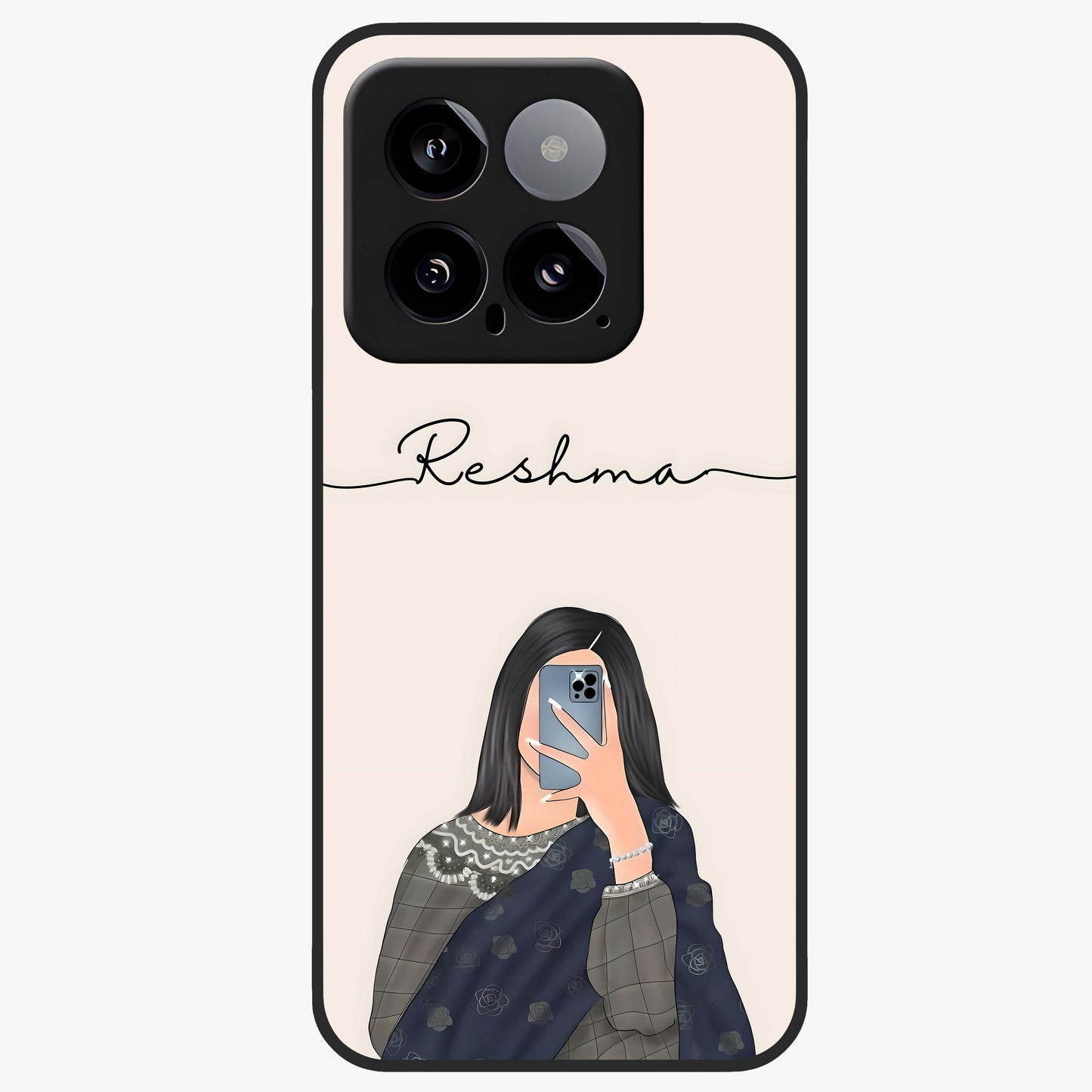 Mirror Mood Muse With Custom Name Glass Case showing flat back view with stylish mirrored artwork and personalized name design.