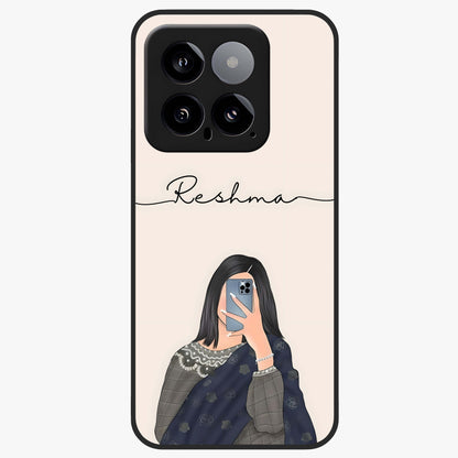 Mirror Mood Muse With Custom Name Glass Case showing flat back view with stylish mirrored artwork and personalized name design.