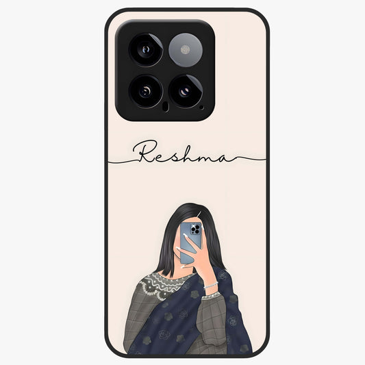 Mirror Mood Muse With Custom Name Glass Case showing flat back view with stylish mirrored artwork and personalized name design.