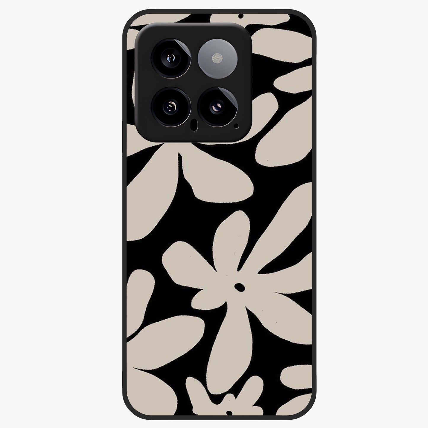 Monochrome Petal Dance Glass Case showing flat back view with monochrome floral artwork and glossy glass finish.