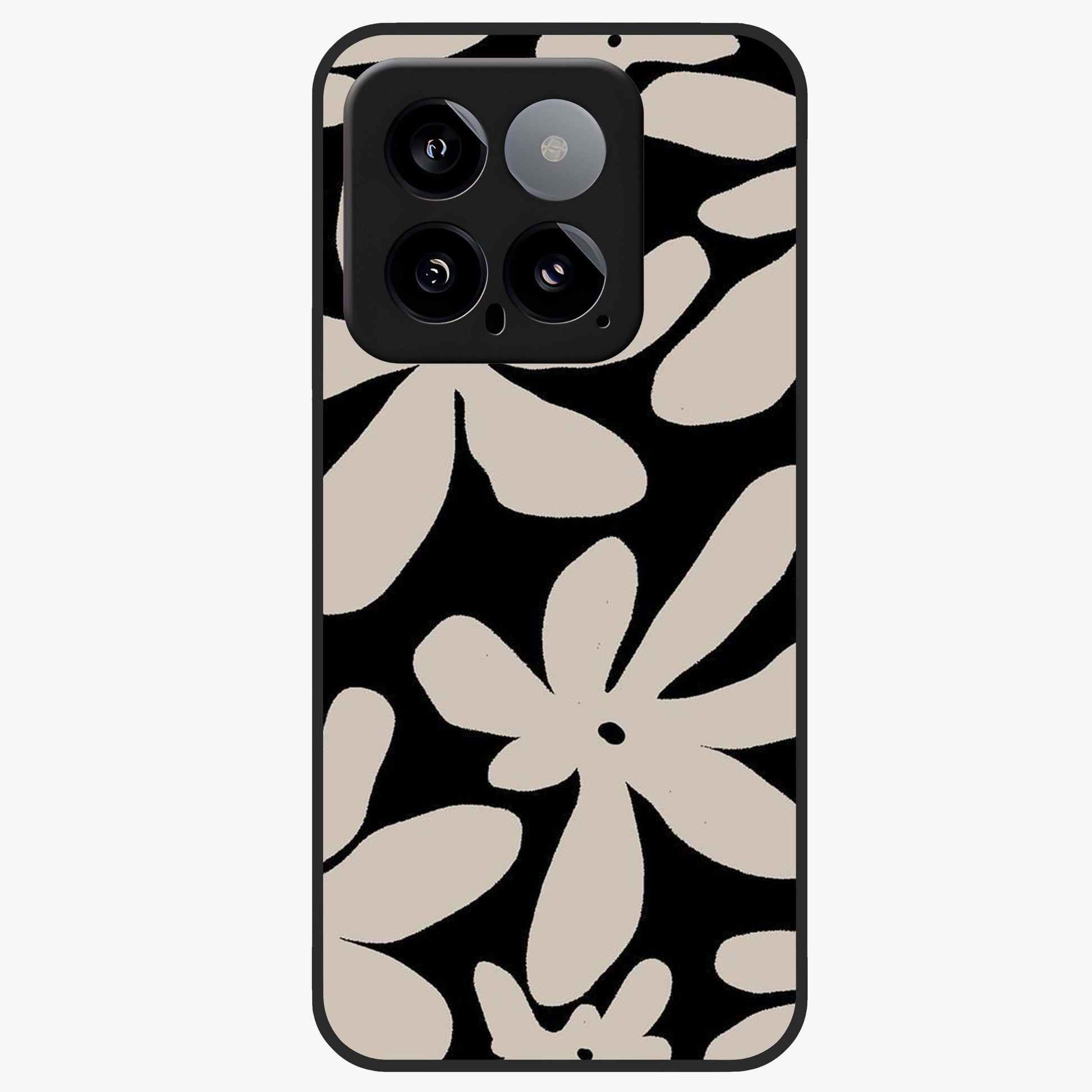 Monochrome Petal Dance Glass Case showing flat back view with monochrome floral artwork and glossy glass finish.