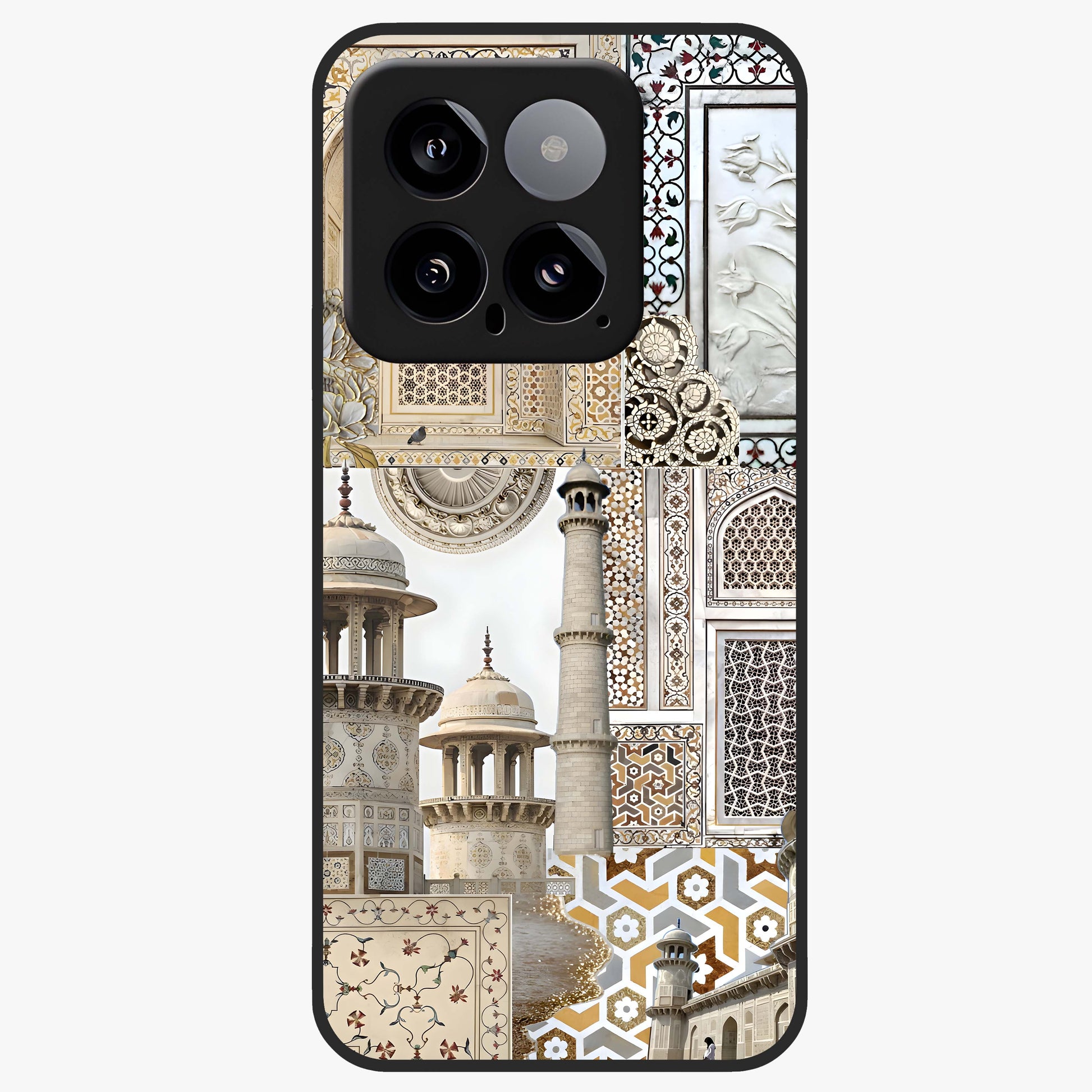 Mughal Marble Legacy Glass Case showing flat back view with intricate Mughal inspired marble pattern and glossy glass finish.