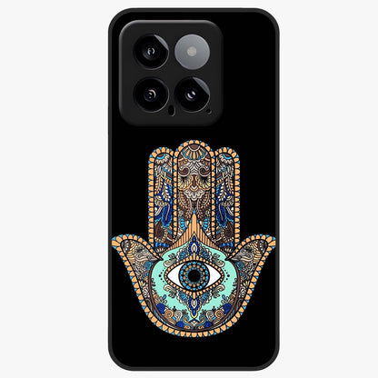 Mystic Hamsa Eye Glass Case showing flat back view with protective hamsa hand and evil eye artwork and glossy glass finish.