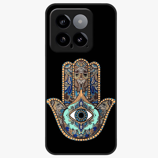 Mystic Hamsa Eye Glass Case showing flat back view with protective hamsa hand and evil eye artwork and glossy glass finish.