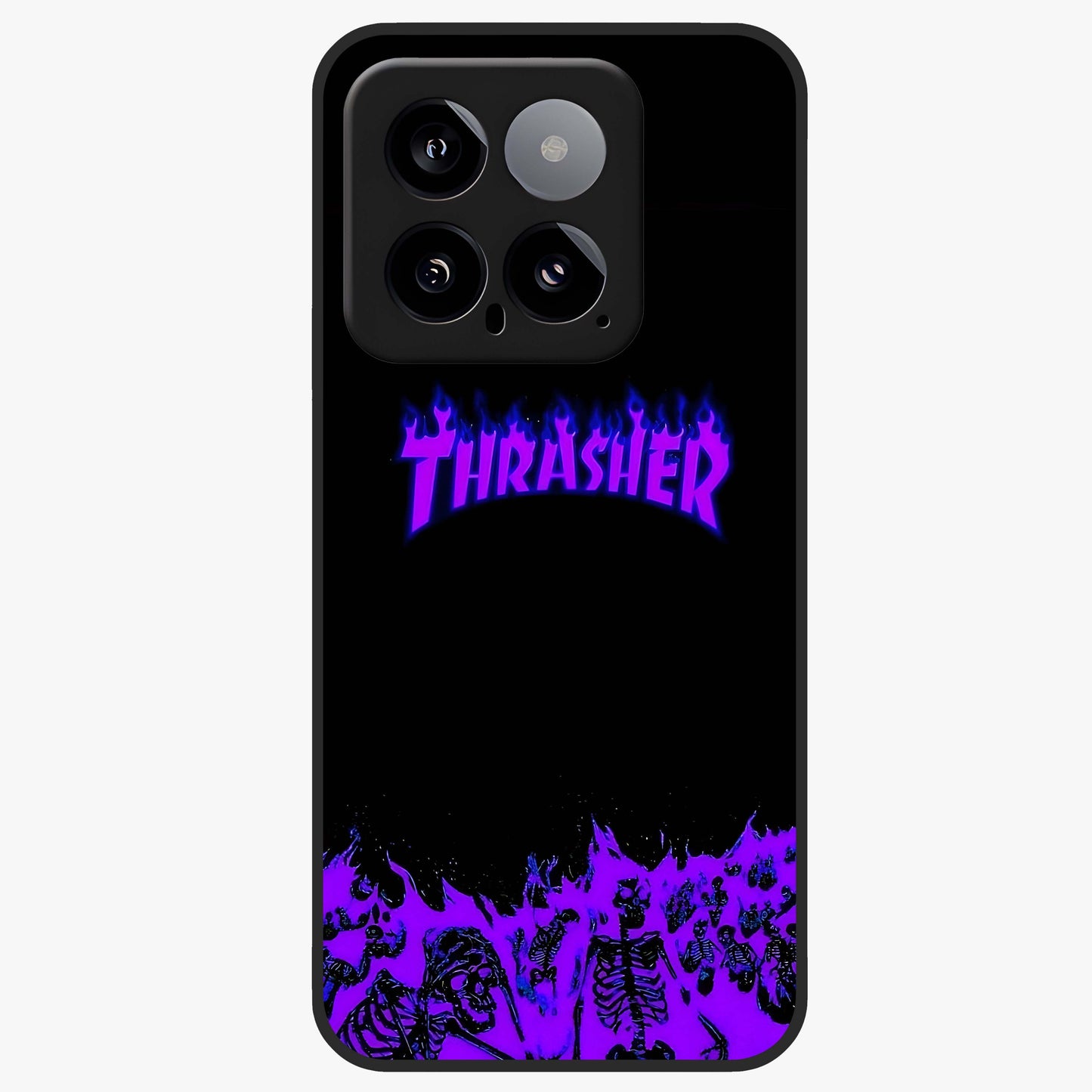 Neon Flame Riot Glass Case showing flat back view with neon flame artwork and glossy glass finish.