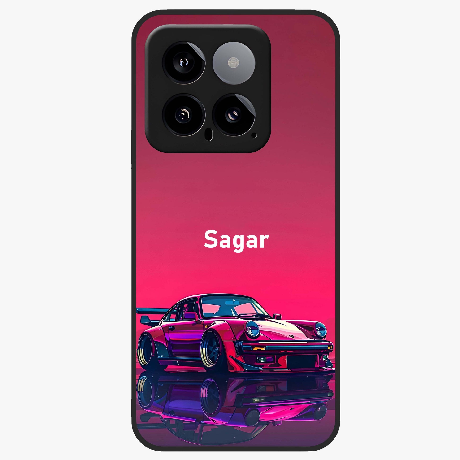 Neon Pink Porsche Glass Case showing flat back view with stylish sports car artwork and glossy glass finish.