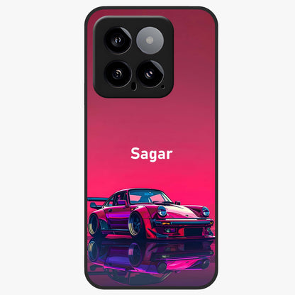 Neon Pink Porsche Glass Case showing flat back view with stylish sports car artwork and glossy glass finish.